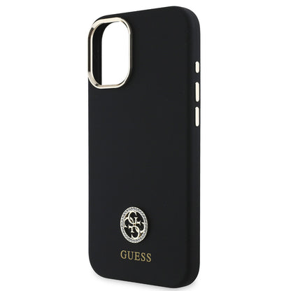 iPhone 16 Plus Kılıf Guess Orijinal Lisanslı Yazı ve Taşlı 4G Logolu Metal Kamera Çerçeveli Silikon Kılıf