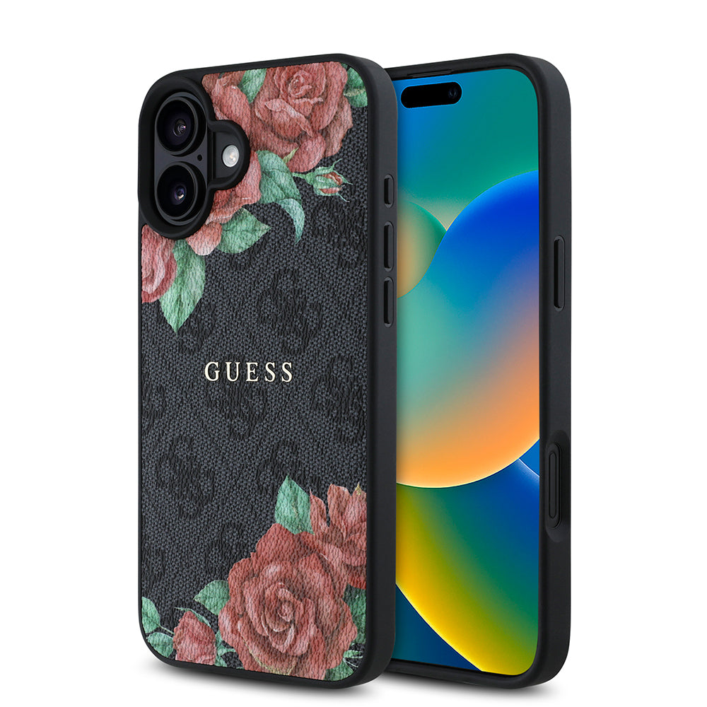 iPhone 16 Plus Kılıf Guess orijinal Lisanslı M-safe Şarj Özellikli Gül Baskılı 4G Desenli Yazı Logolu Kılıf