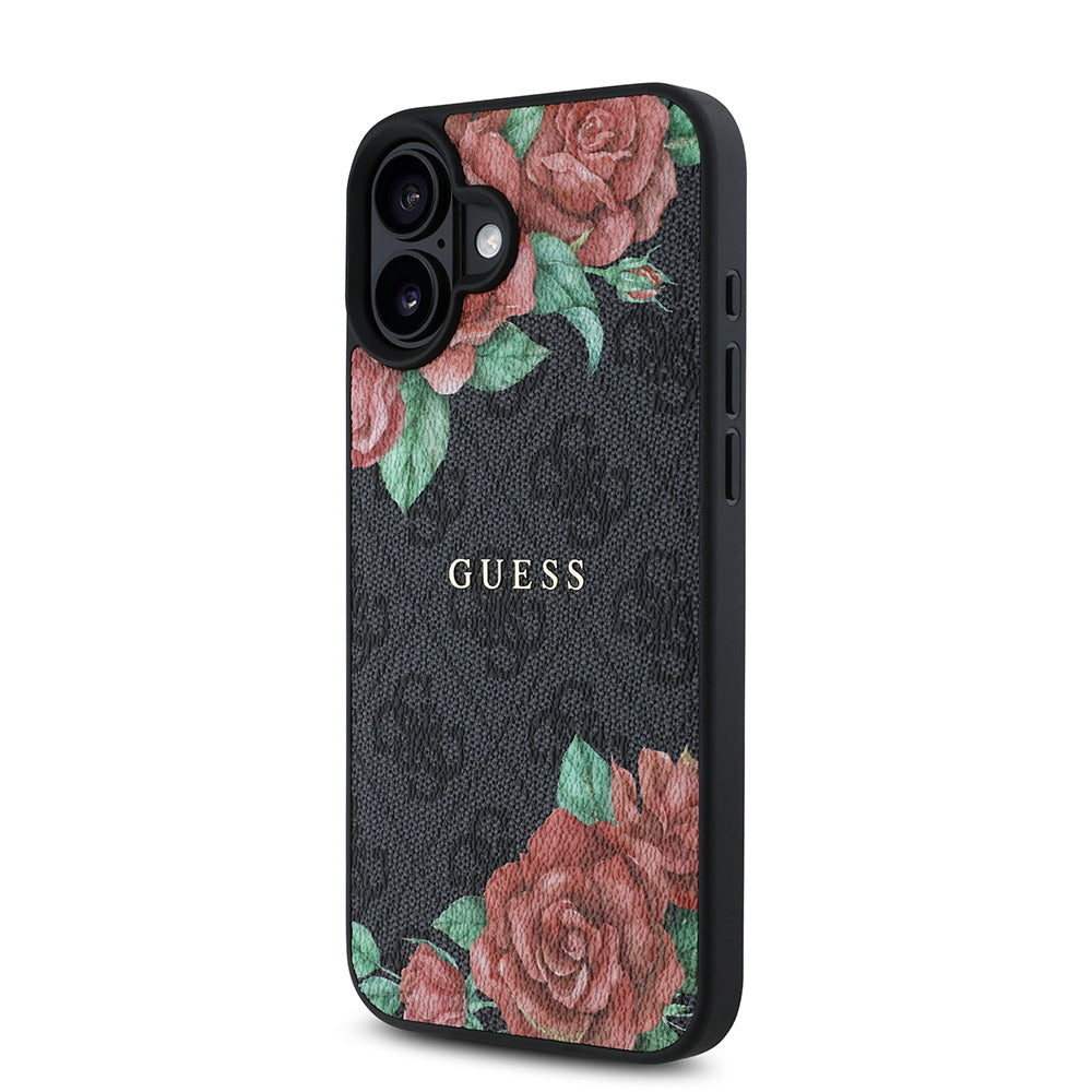 iPhone 16 Plus Kılıf Guess orijinal Lisanslı M-safe Şarj Özellikli Gül Baskılı 4G Desenli Yazı Logolu Kılıf