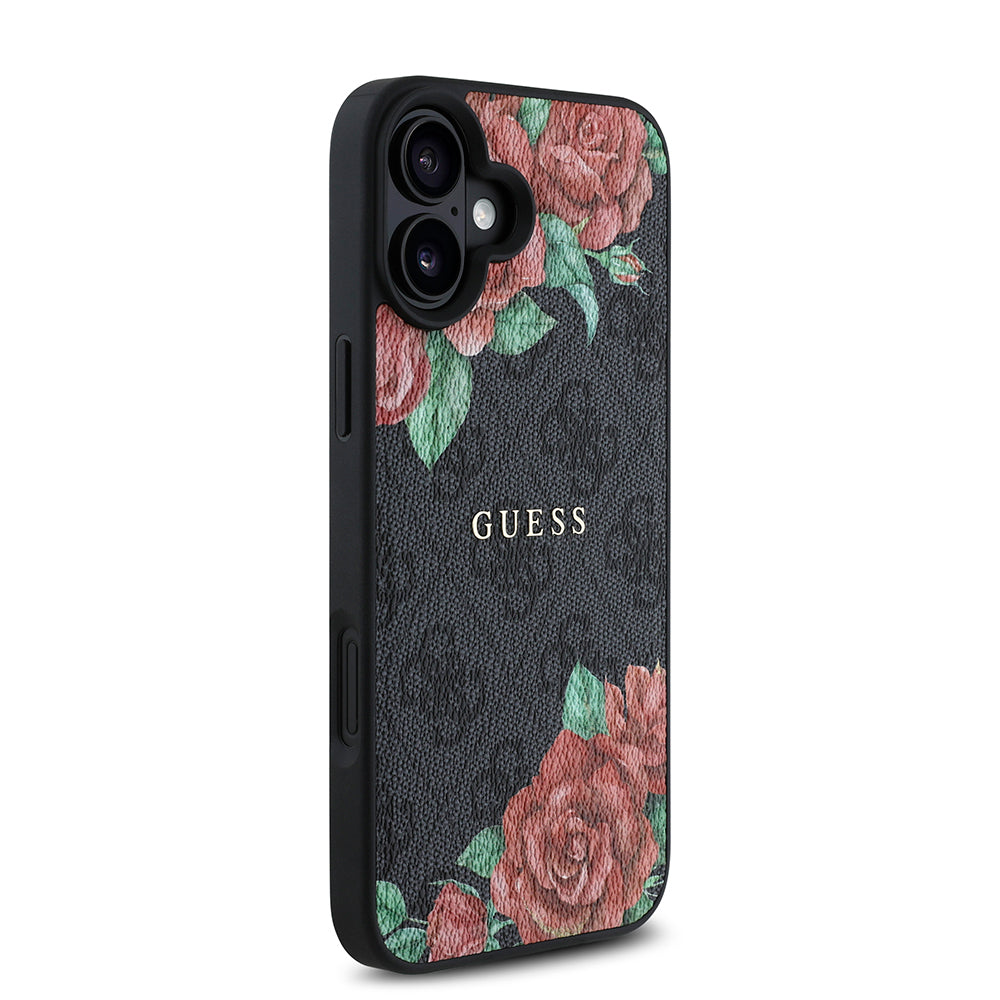 iPhone 16 Plus Kılıf Guess orijinal Lisanslı M-safe Şarj Özellikli Gül Baskılı 4G Desenli Yazı Logolu Kılıf
