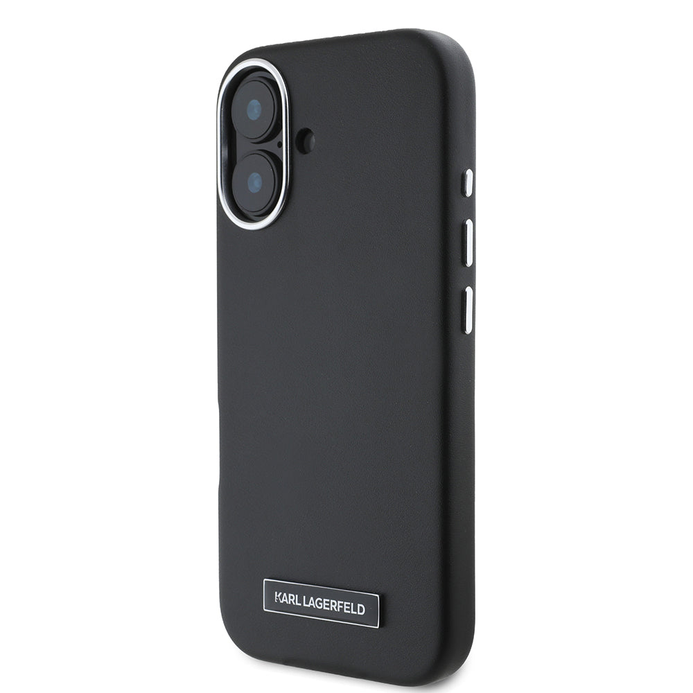 iPhone 16 Plus Kılıf Karl Lagerfeld Orijinal Lisanslı M-safe Şarj Özellikli Metal Kamera ve Buton Tasarımlı Plaka Logolu PU Deri Kılıf
