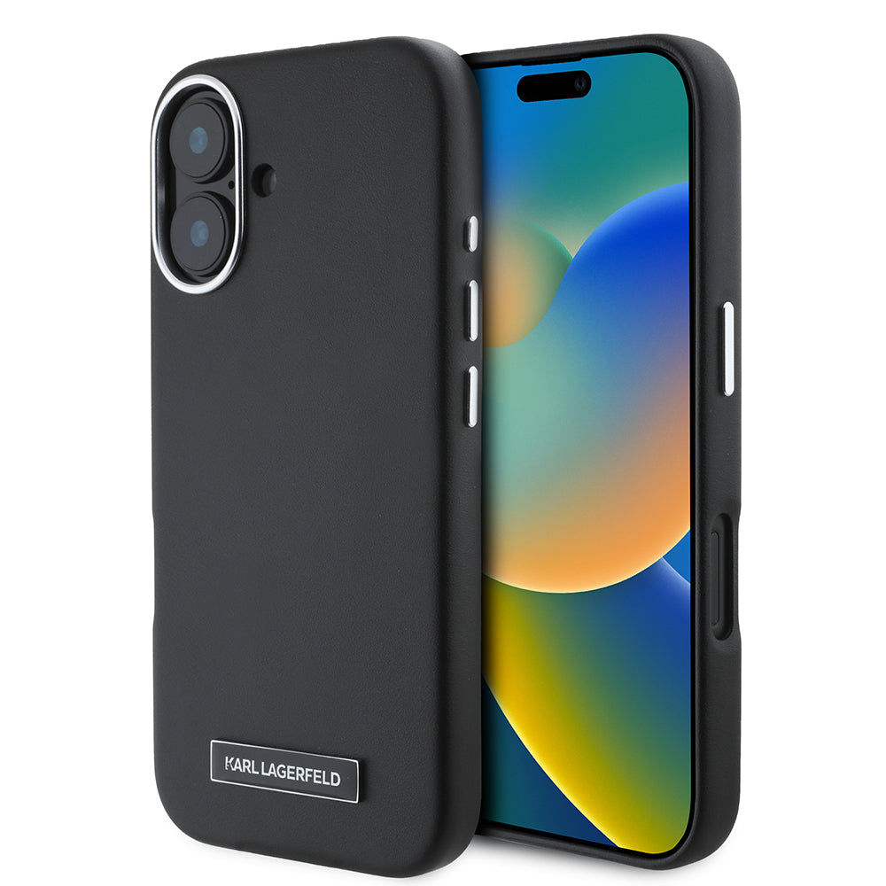 iPhone 16 Plus Kılıf Karl Lagerfeld orijinal Lisanslı M-safe Şarj Özellikli Metal Kamera ve Buton Tasarımlı Plaka Logolu PU Deri Kılıf