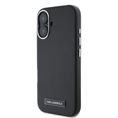 iPhone 16 Plus Kılıf Karl Lagerfeld orijinal Lisanslı M-safe Şarj Özellikli Metal Kamera ve Buton Tasarımlı Plaka Logolu PU Deri Kılıf