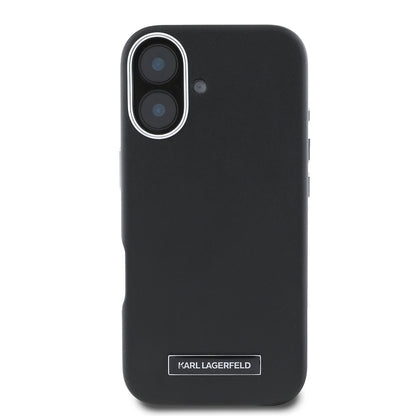 iPhone 16 Plus Kılıf Karl Lagerfeld orijinal Lisanslı M-safe Şarj Özellikli Metal Kamera ve Buton Tasarımlı Plaka Logolu PU Deri Kılıf