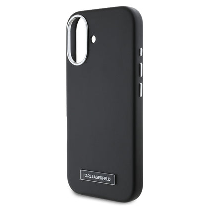 iPhone 16 Plus Kılıf Karl Lagerfeld orijinal Lisanslı M-safe Şarj Özellikli Metal Kamera ve Buton Tasarımlı Plaka Logolu PU Deri Kılıf