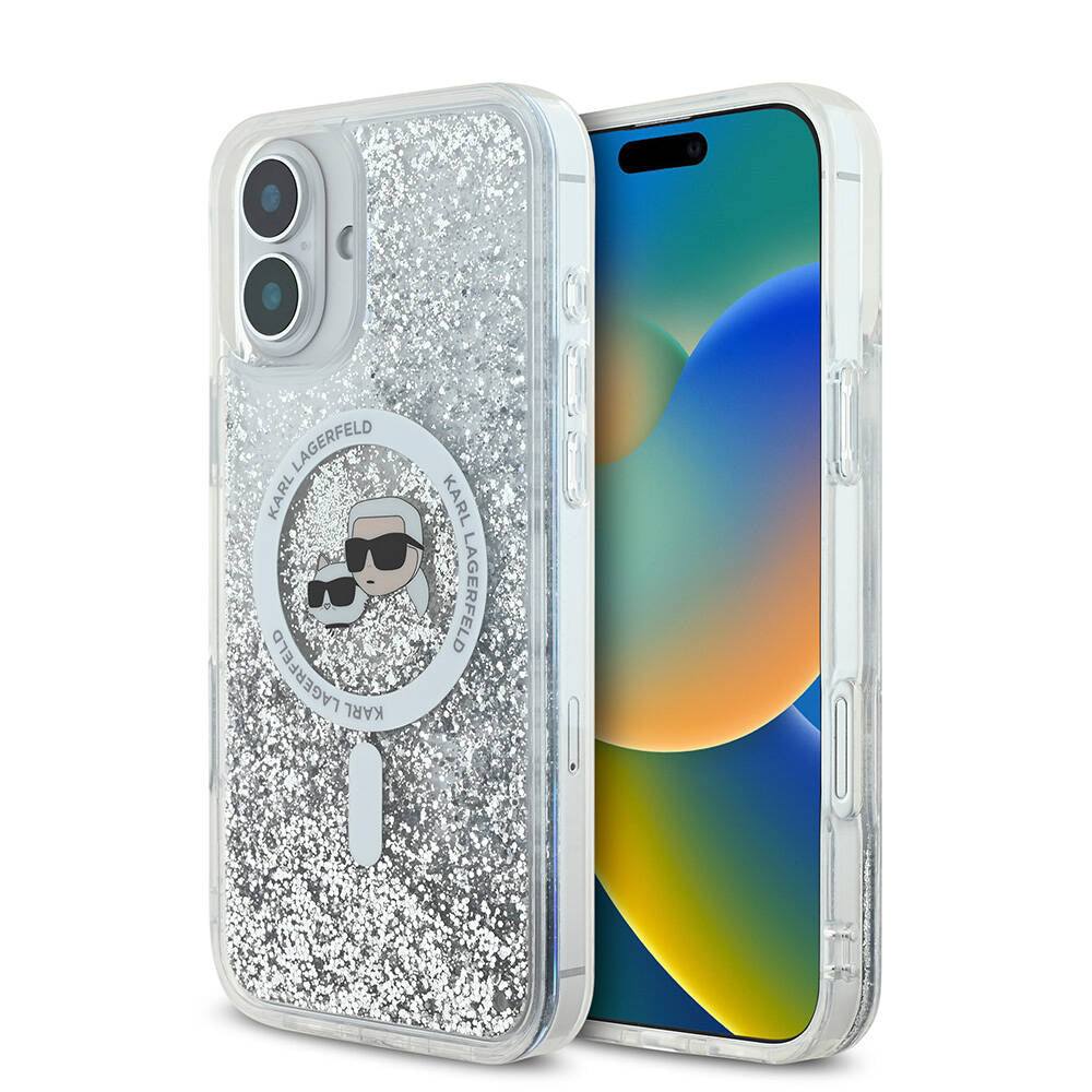 iPhone 16 Plus Kılıf Karl Lagerfeld orijinal Lisanslı M-safe Şarj Özellikli Sıvılı Simli K&C Heads Kılıf