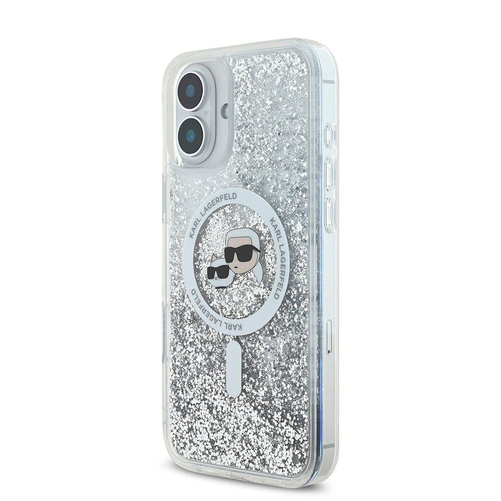 iPhone 16 Plus Kılıf Karl Lagerfeld orijinal Lisanslı M-safe Şarj Özellikli Sıvılı Simli K&C Heads Kılıf