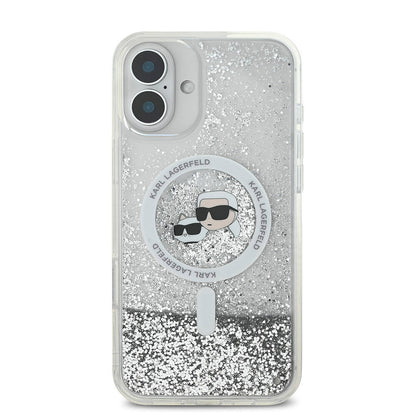 iPhone 16 Plus Kılıf Karl Lagerfeld orijinal Lisanslı M-safe Şarj Özellikli Sıvılı Simli K&C Heads Kılıf