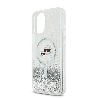 iPhone 16 Plus Kılıf Karl Lagerfeld orijinal Lisanslı M-safe Şarj Özellikli Sıvılı Simli K&C Heads Kılıf