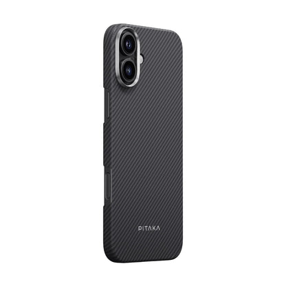 iPhone 16 Plus Kılıf M-safe Şarj Özellikli 600D Aramid Fiber Pitaka Ultra-Slim Classic Serisi Black-Grey Twill Kılıf