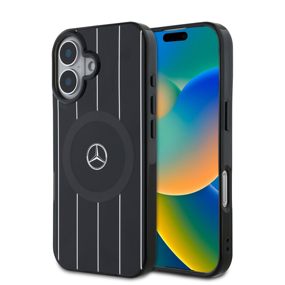 iPhone 16 Plus Kılıf Mercedes Benz orijinal Lisanslı M-safe Şarj Özellikli Çift Katmanlı Paralel Çizgi Desenli Kılıf