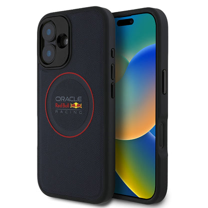 iPhone 16 Plus Kılıf Redbull Orijinal Lisanslı M-safe Şarj Özellikli Kırmızı Halka ve Logo Kabartmalı PU Deri Kılıf