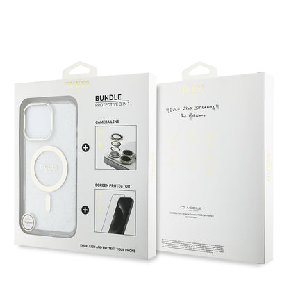 iPhone 16 Pro Guess Orijinal Lisanslı 3'lü Aksesuar Seti IML Baskılı Simli Glitter Kılıf + Ekran Koruyucu + Lens Koruyucu