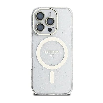 iPhone 16 Pro Guess Orijinal Lisanslı 3'lü Aksesuar Seti IML Baskılı Simli Glitter Kılıf + Ekran Koruyucu + Lens Koruyucu