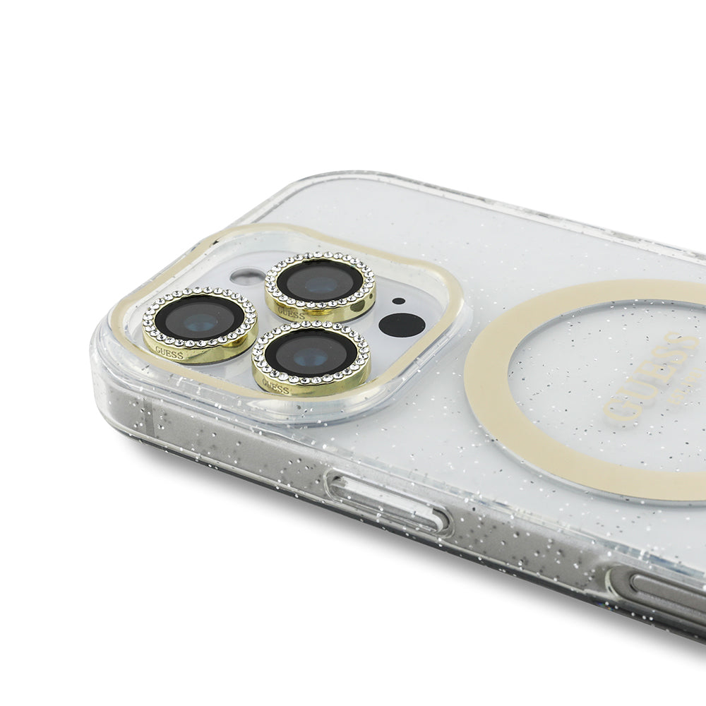 iPhone 16 Pro Guess Orijinal Lisanslı 3'lü Aksesuar Seti IML Baskılı Simli Glitter Kılıf + Ekran Koruyucu + Lens Koruyucu