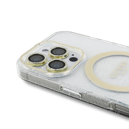 iPhone 16 Pro Guess Orijinal Lisanslı 3'lü Aksesuar Seti IML Baskılı Simli Glitter Kılıf + Ekran Koruyucu + Lens Koruyucu