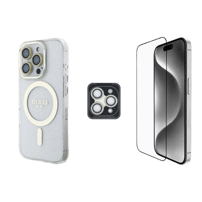iPhone 16 Pro Guess Orijinal Lisanslı 3'lü Aksesuar Seti IML Baskılı Simli Glitter Kılıf + Ekran Koruyucu + Lens Koruyucu