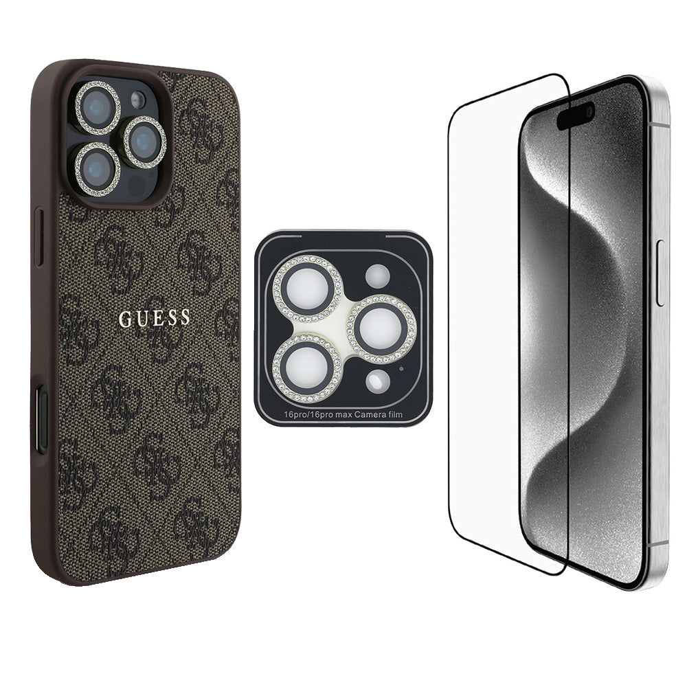iPhone 16 Pro Guess Orijinal Lisanslı Kılıf + Ekran Koruyucu + Lens Koruyucu 3in1 Aksesuar Seti
