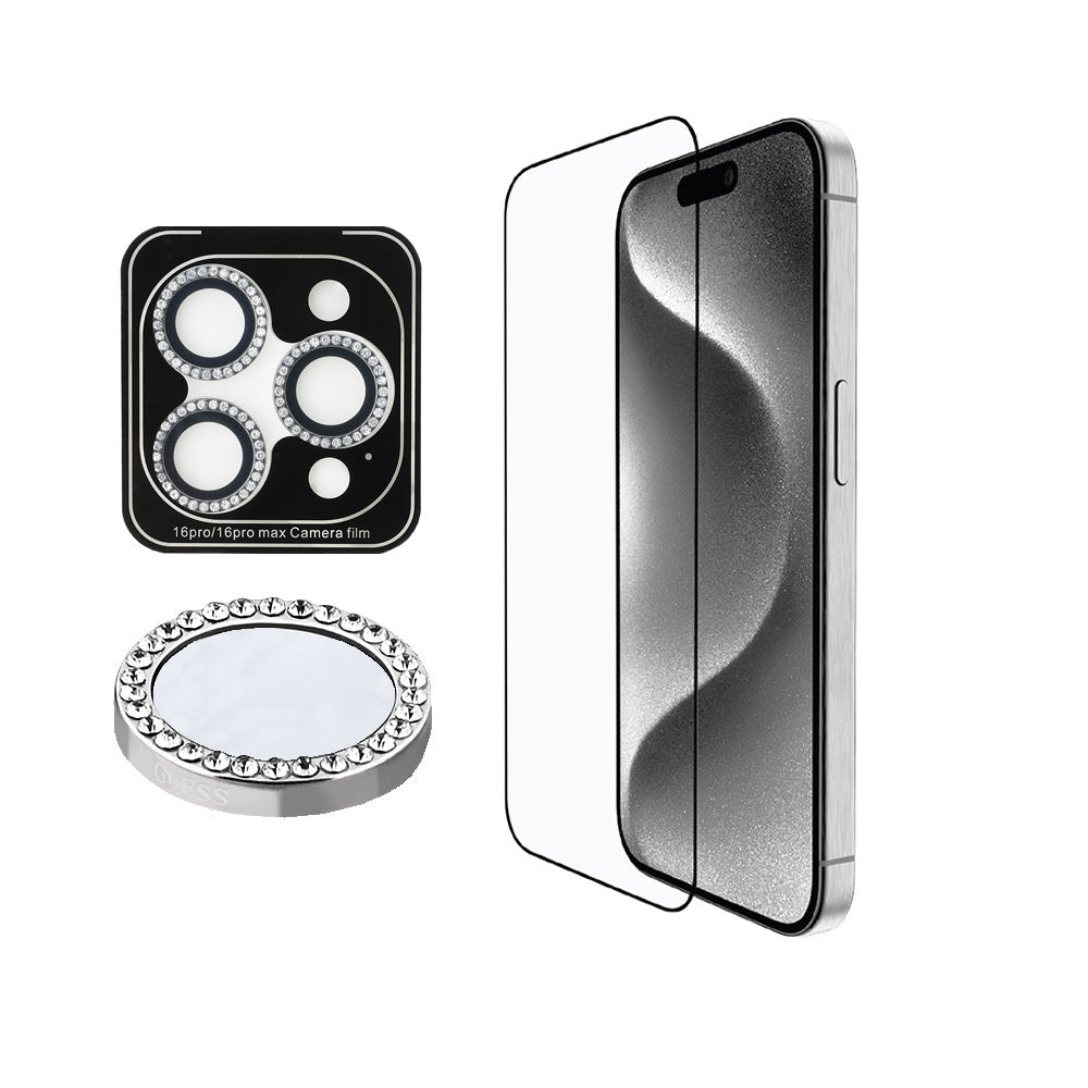 iPhone 16 Pro Guess Orijinal Lisanslı Rhinestone Ekran Koruyucu + Lens Koruyucu 2in1 Aksesuar Seti