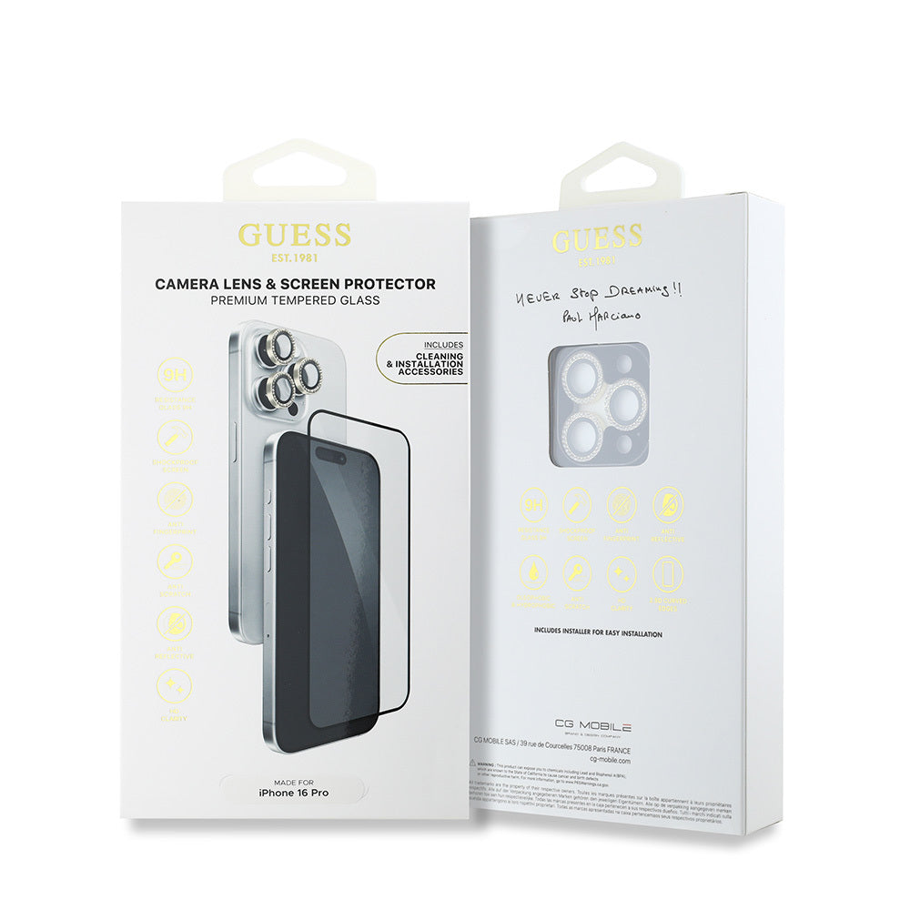 iPhone 16 Pro Guess Orijinal Lisanslı Rhinestone Ekran Koruyucu + Lens Koruyucu 2in1 Aksesuar Seti