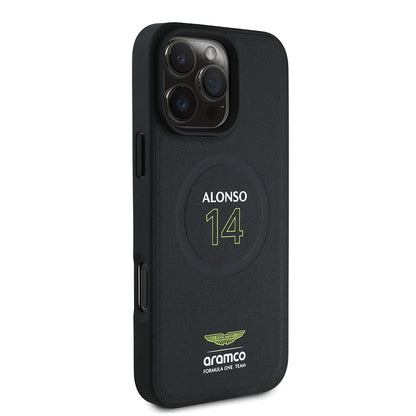 iPhone 16 Pro Kılıf Aston Martin Orijinal Lisanslı M-safe Şarj Özellikli PU Deri Alonso 14 Baskılı Kılıf