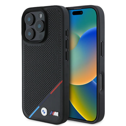 iPhone 16 Pro Kılıf BMW Orijinal Lisanslı M-safe Şarj Özellikli M Logolu Üç Çizgili Delikli Deri Kılıf
