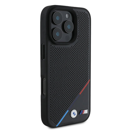 iPhone 16 Pro Kılıf BMW Orijinal Lisanslı M-safe Şarj Özellikli M Logolu Üç Çizgili Delikli Deri Kılıf