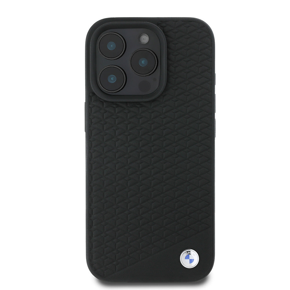 iPhone 16 Pro Kılıf BMW Orijinal Lisanslı M-safe Şarj Özellikli Metal Logolu Dokulu Diamond Deri Kılıf