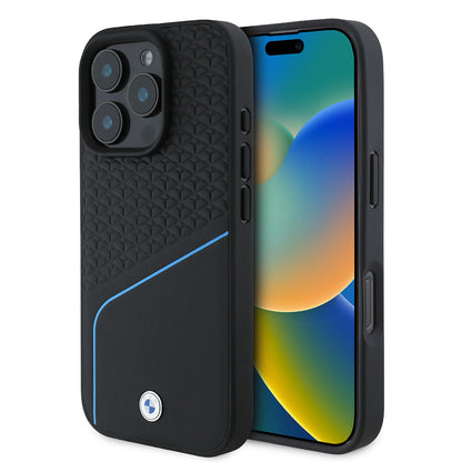 iPhone 16 Pro Kılıf BMW Orijinal Lisanslı M-safe Şarj Özellikli Metal Logolu Dokulu ve Çizgili Deri Kılıf