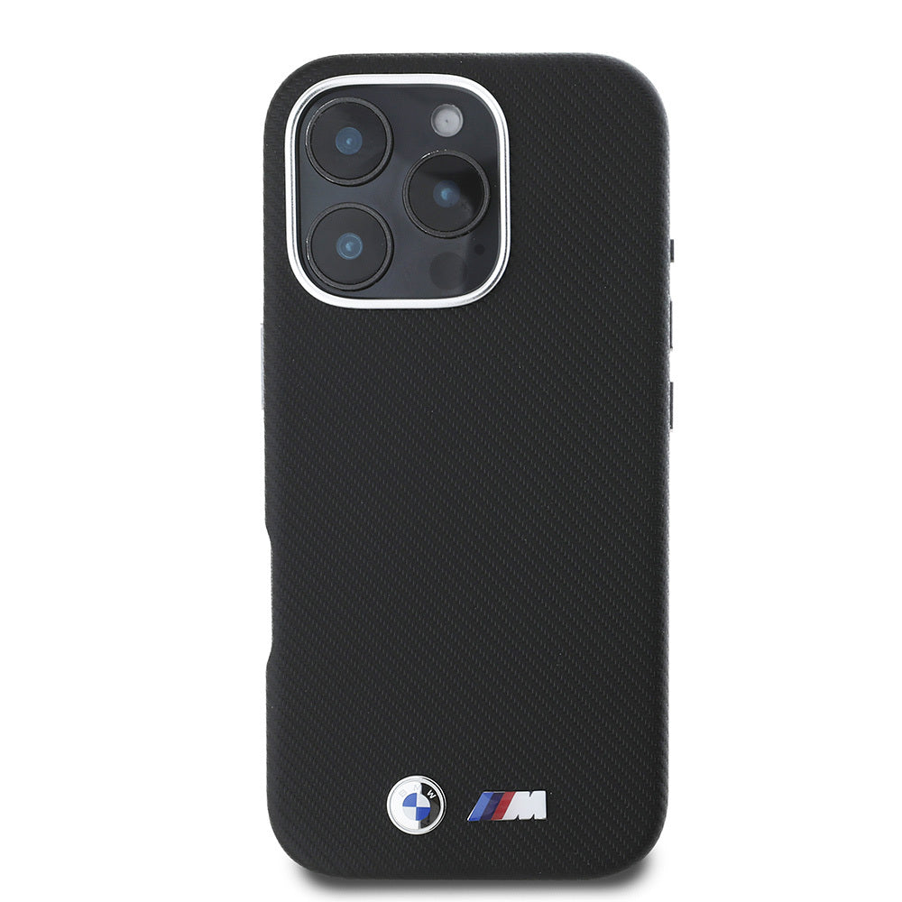 iPhone 16 Pro Kılıf BMW Orijinal Lisanslı Tam Sarılmış Kevlar Tasarımlı Metal Logo Suni Deri Kılıf