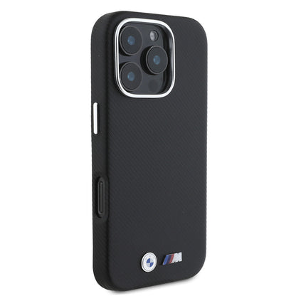 iPhone 16 Pro Kılıf BMW Orijinal Lisanslı Tam Sarılmış Kevlar Tasarımlı Metal Logo Suni Deri Kılıf