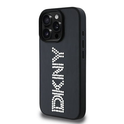 iPhone 16 Pro Kılıf DKNY Orjinal Lisanslı Taşlı DKNY Yazılı Metalik Rhinestones PU Deri Kılıf