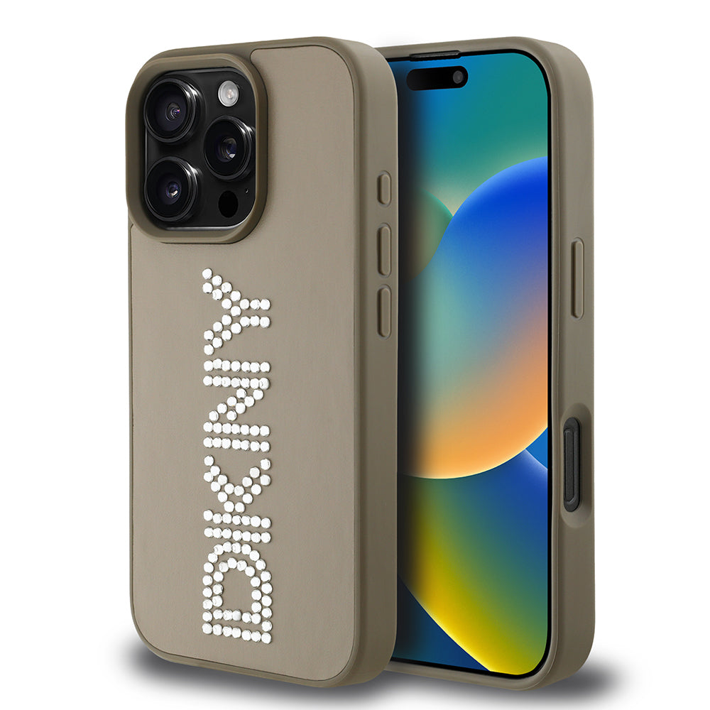 iPhone 16 Pro Kılıf DKNY Orjinal Lisanslı Taşlı DKNY Yazılı Metalik Rhinestones PU Deri Kılıf