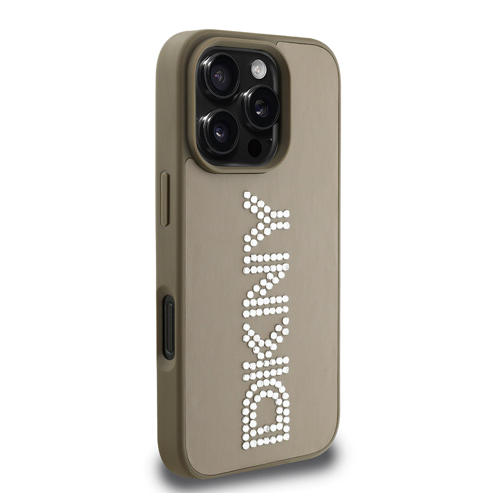 iPhone 16 Pro Kılıf DKNY Orjinal Lisanslı Taşlı DKNY Yazılı Metalik Rhinestones PU Deri Kılıf