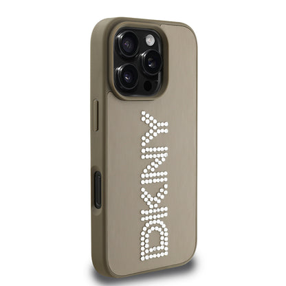 iPhone 16 Pro Kılıf DKNY Orjinal Lisanslı Taşlı DKNY Yazılı Metalik Rhinestones PU Deri Kılıf