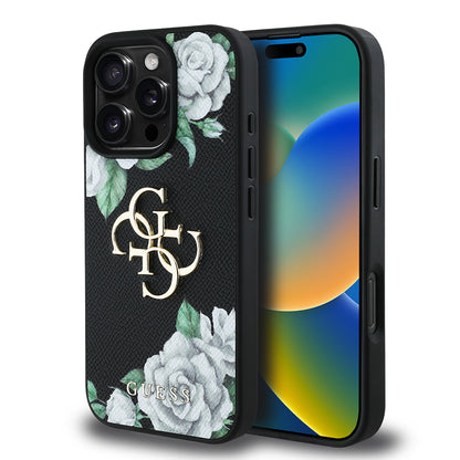 iPhone 16 Pro Kılıf Guess Orijinal Lisanslı Gül Baskılı Büyük Metal Logo Dizaynlı Kılıf