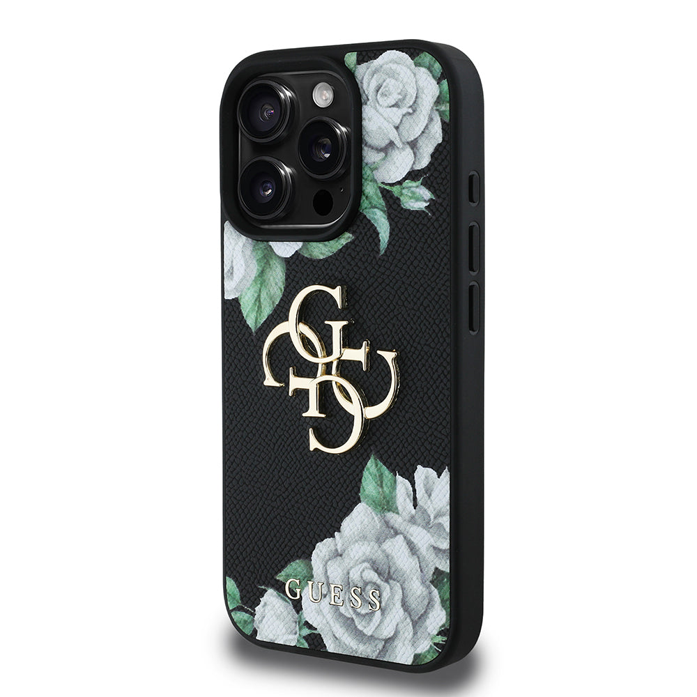 iPhone 16 Pro Kılıf Guess Orijinal Lisanslı Gül Baskılı Büyük Metal Logo Dizaynlı Kılıf