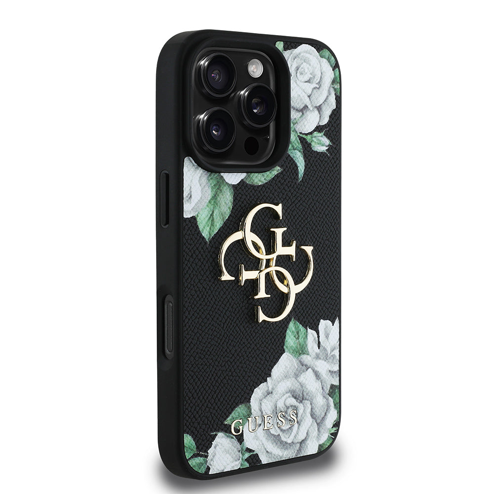 iPhone 16 Pro Kılıf Guess Orijinal Lisanslı Gül Baskılı Büyük Metal Logo Dizaynlı Kılıf