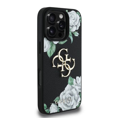 iPhone 16 Pro Kılıf Guess Orijinal Lisanslı Gül Baskılı Büyük Metal Logo Dizaynlı Kılıf