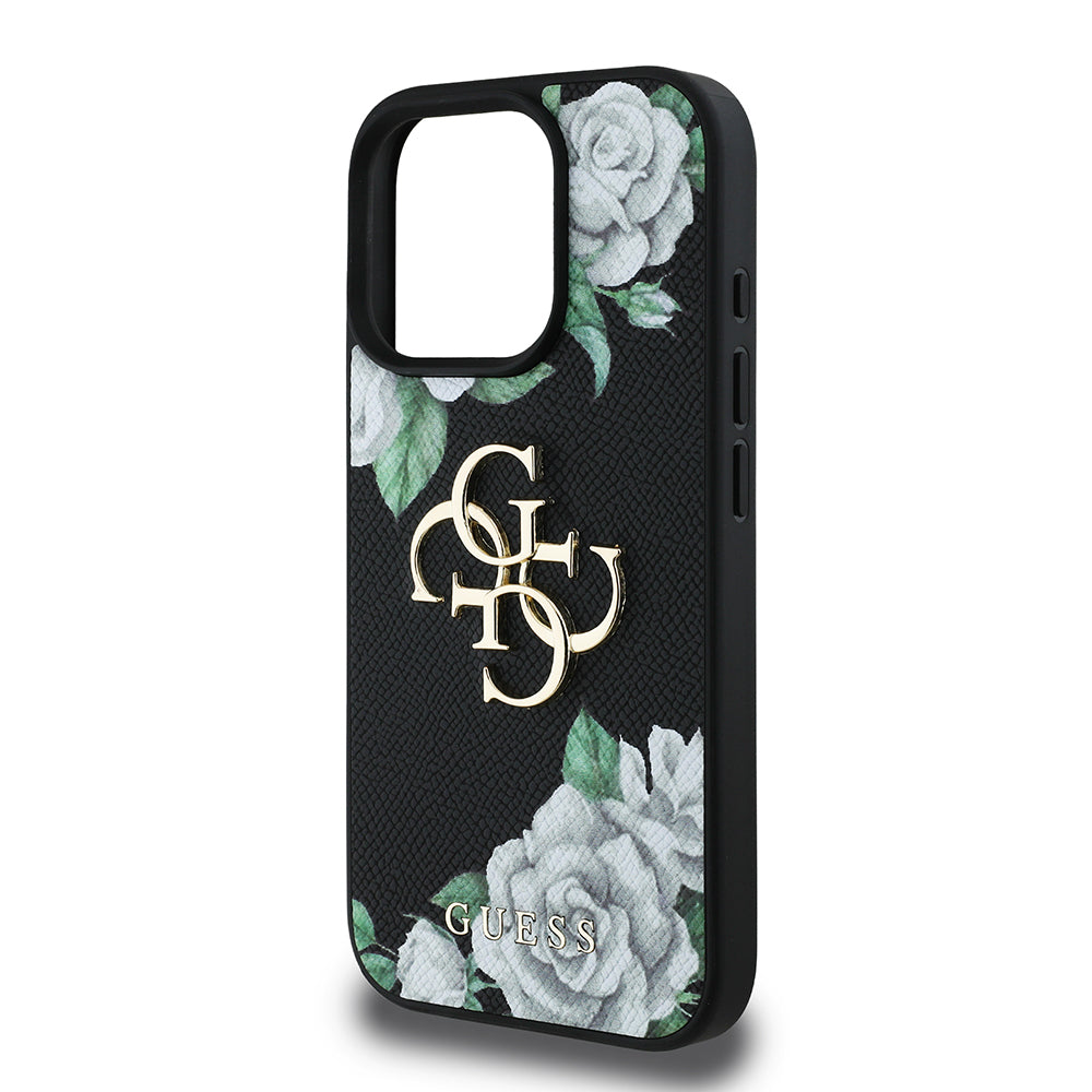 iPhone 16 Pro Kılıf Guess Orijinal Lisanslı Gül Baskılı Büyük Metal Logo Dizaynlı Kılıf