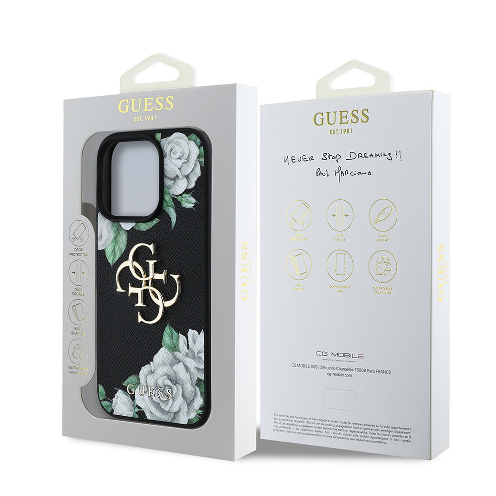 iPhone 16 Pro Kılıf Guess Orijinal Lisanslı Gül Baskılı Büyük Metal Logo Dizaynlı Kılıf