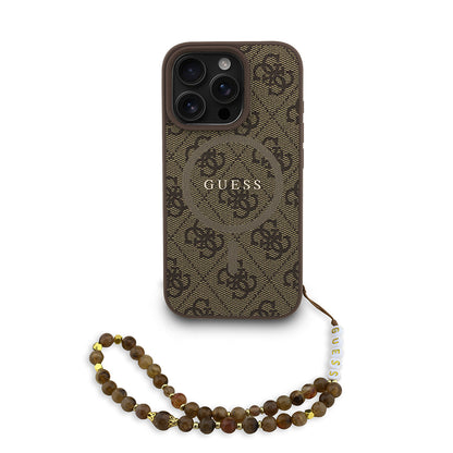 iPhone 16 Pro Kılıf Guess Orijinal Lisanslı M-safe Şarj Özellikli PU Deri Bilek Askı İpli Yazı Logolu Kılıf