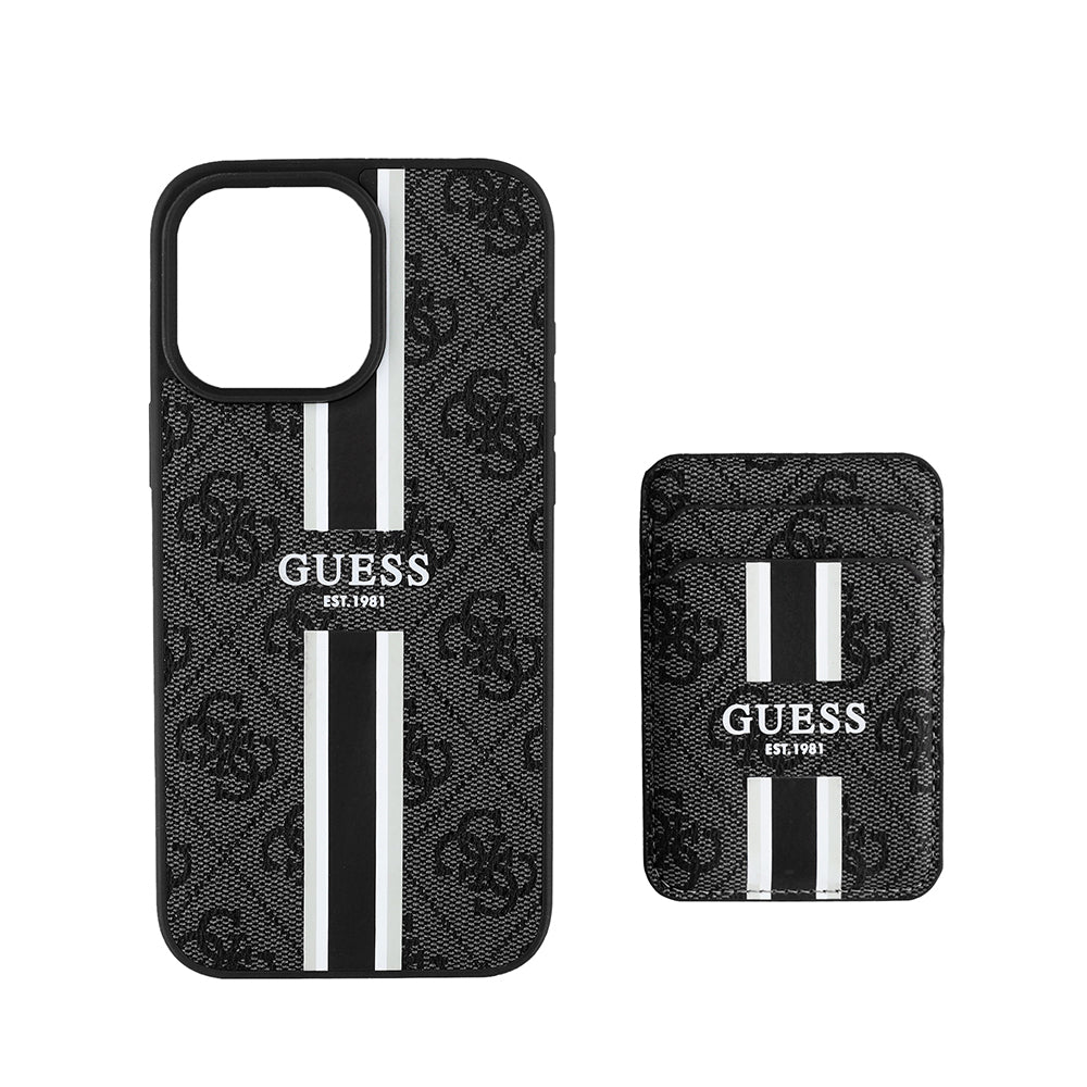 iPhone 16 Pro Kılıf Guess Orijinal Lisanslı M-safe Şarj Özellikli 4G Desenli Çizgili Kartlıklı Kılıf