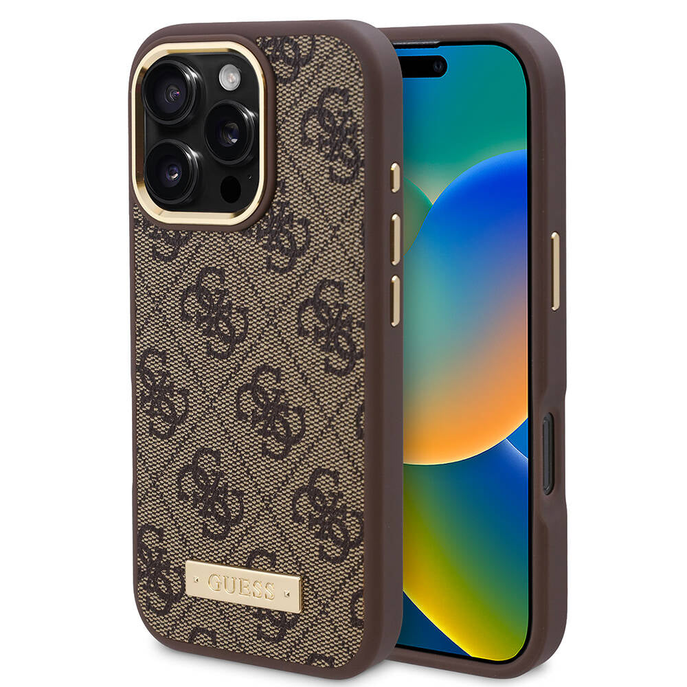 iPhone 16 Pro Kılıf Guess Orijinal Lisanslı M-safe Şarj Özellikli 4G Desenli PU Metal Plaka Klasik Logolu Kılıf