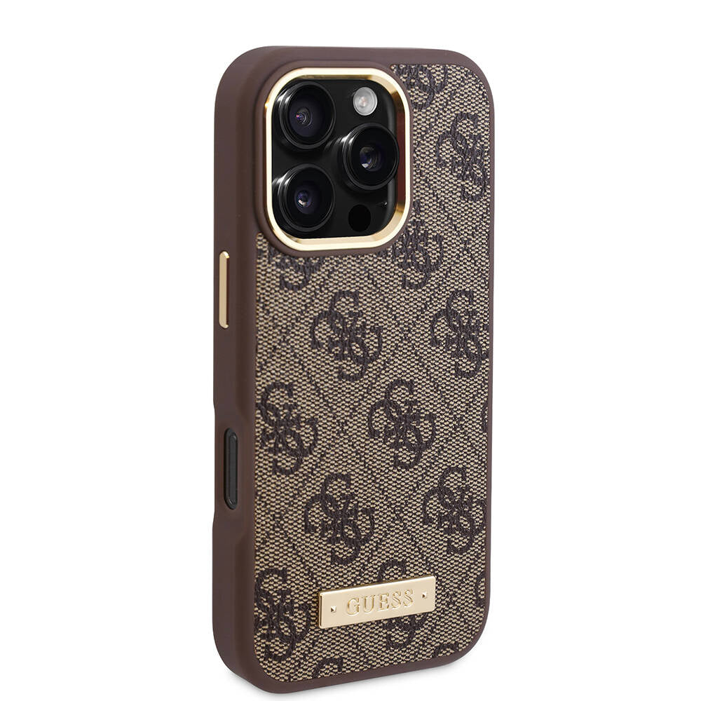 iPhone 16 Pro Kılıf Guess Orijinal Lisanslı M-safe Şarj Özellikli 4G Desenli PU Metal Plaka Klasik Logolu Kılıf