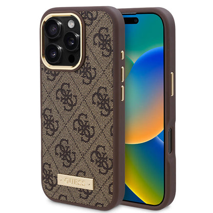 iPhone 16 Pro Kılıf Guess Orijinal Lisanslı M-safe Şarj Özellikli 4G Desenli PU Metal Plaka Klasik Logolu Kılıf