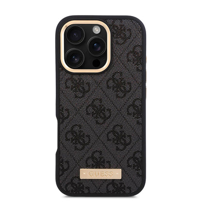 iPhone 16 Pro Kılıf Guess Orijinal Lisanslı M-safe Şarj Özellikli 4G Desenli PU Metal Plaka Klasik Logolu Kılıf