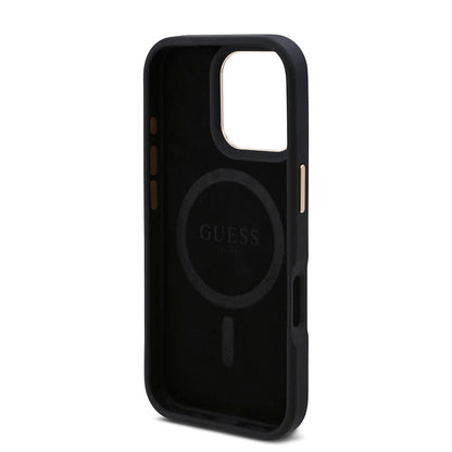 iPhone 16 Pro Kılıf Guess Orijinal Lisanslı M-safe Şarj Özellikli 4G Desenli PU Metal Plaka Klasik Logolu Kılıf