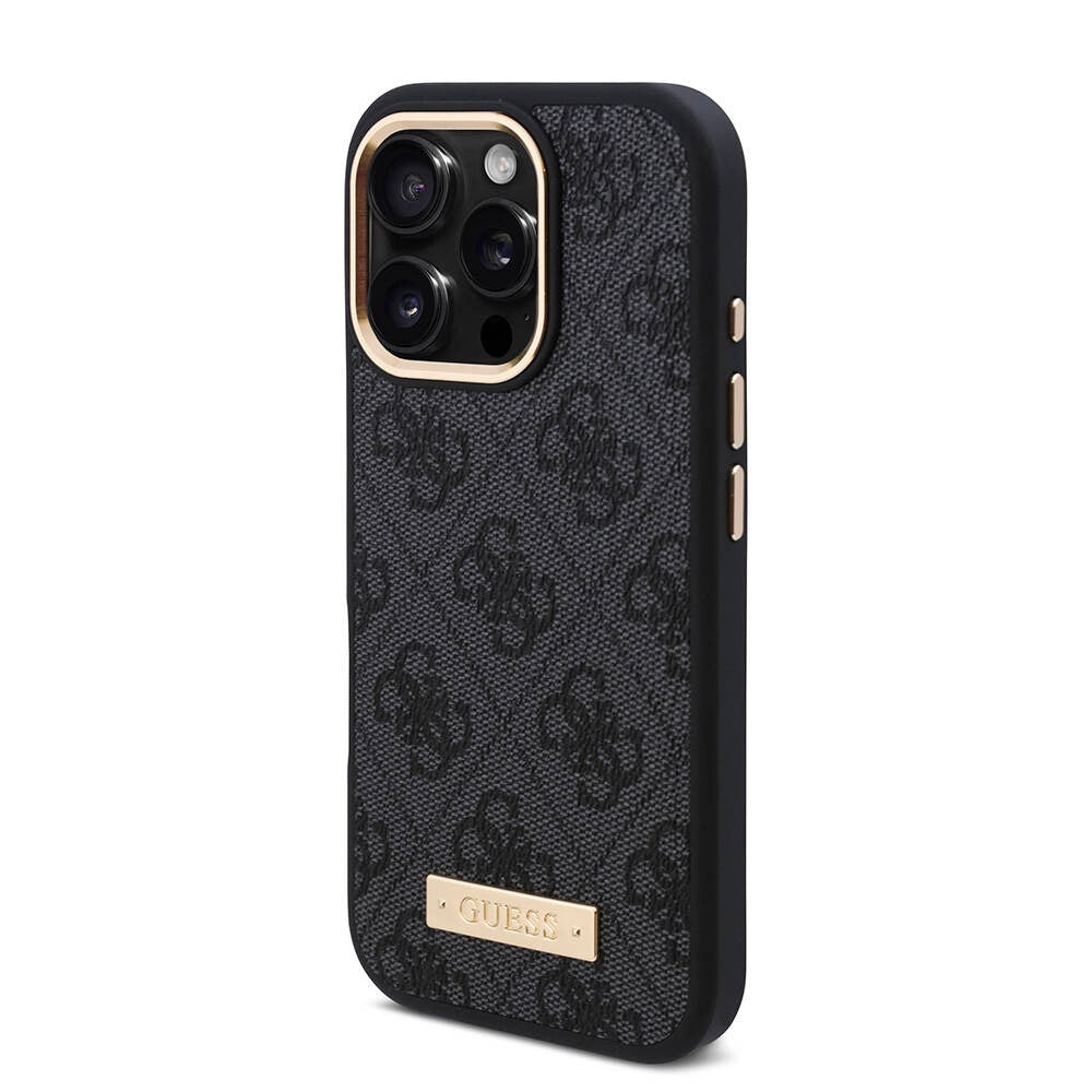 iPhone 16 Pro Kılıf Guess Orijinal Lisanslı M-safe Şarj Özellikli 4G Desenli PU Metal Plaka Klasik Logolu Kılıf