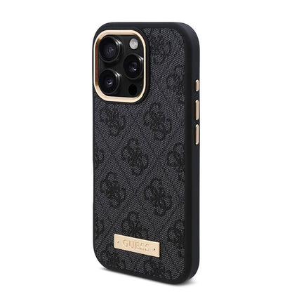 iPhone 16 Pro Kılıf Guess Orijinal Lisanslı M-safe Şarj Özellikli 4G Desenli PU Metal Plaka Klasik Logolu Kılıf